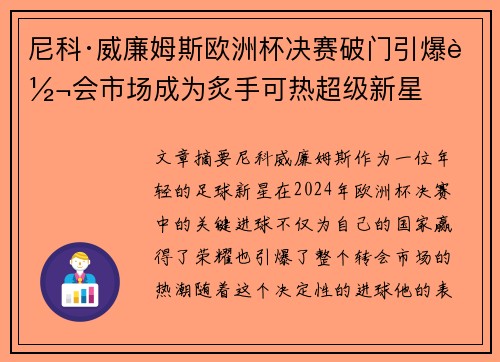 尼科·威廉姆斯欧洲杯决赛破门引爆转会市场成为炙手可热超级新星 尼科·威廉姆斯欧洲杯决赛破门引爆转会市场成为炙手可热超级新星